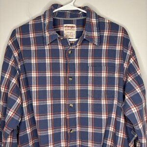 WRANGLER AUTHENTICS Button Up Shirt XL Long Sleeve Pocket Blue Red Plaid Collar